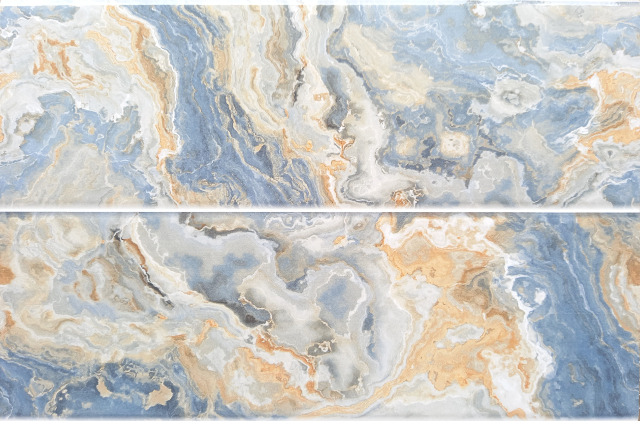 Carreau faïence, effet marbre avec des nuances bleu-gris, beige, blanc et brun clair 25x37