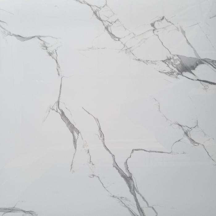 Carreau porcelaine émaillé, effet marbre blanc veiné de gris intense 60x60